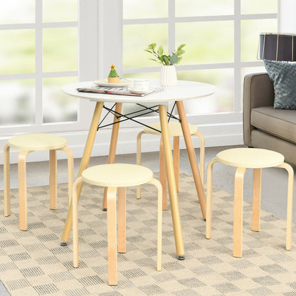 Bentwood Stackable Stools with PU Leather Cushioned Seat – Set of 4, Beige