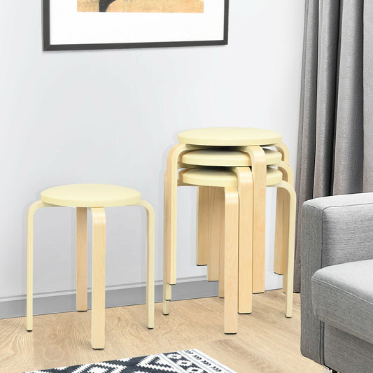 Bentwood Stackable Stools with PU Leather Cushioned Seat – Set of 4, Beige