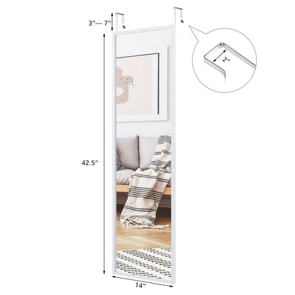 42.5 Inch Full Length Metal Mirror with Adjustable Hooks for Wall or Door Mounting - White
