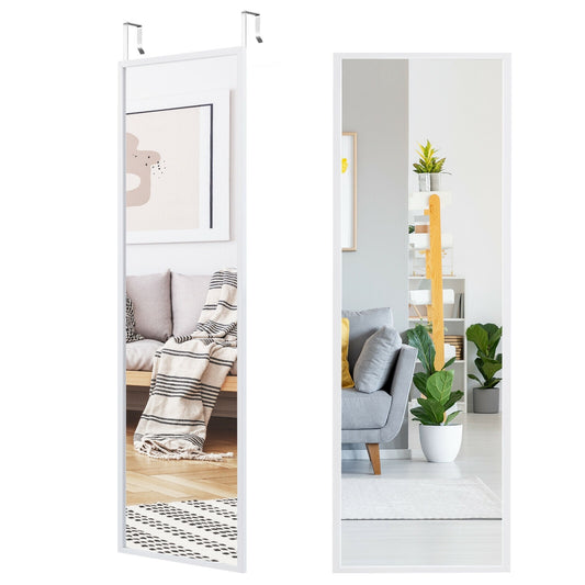 42.5 Inch Full Length Metal Mirror with Adjustable Hooks for Wall or Door Mounting - White