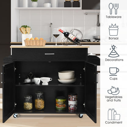 Mobile Kitchen Island Cart with Integrated Towel and Spice Racks in Black