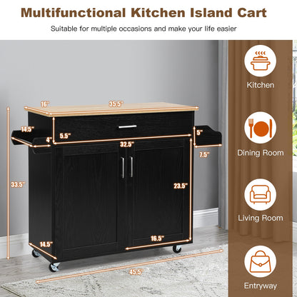 Mobile Kitchen Island Cart with Integrated Towel and Spice Racks in Black