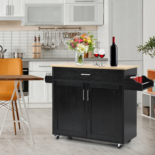 Mobile Kitchen Island Cart with Integrated Towel and Spice Racks in Black