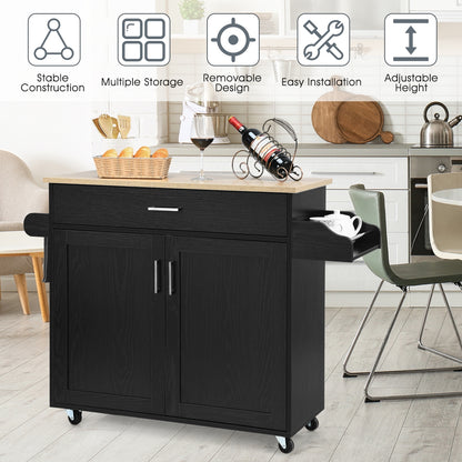 Mobile Kitchen Island Cart with Integrated Towel and Spice Racks in Black