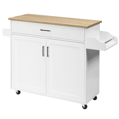 Mobile Kitchen Island Cart with Integrated Towel and Spice Racks in White
