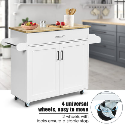 Mobile Kitchen Island Cart with Integrated Towel and Spice Racks in White