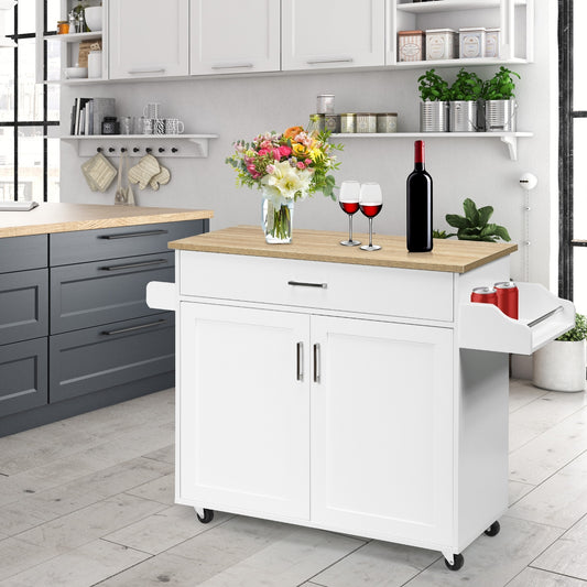 Mobile Kitchen Island Cart with Integrated Towel and Spice Racks in White