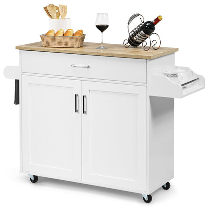 Mobile Kitchen Island Cart with Integrated Towel and Spice Racks in White