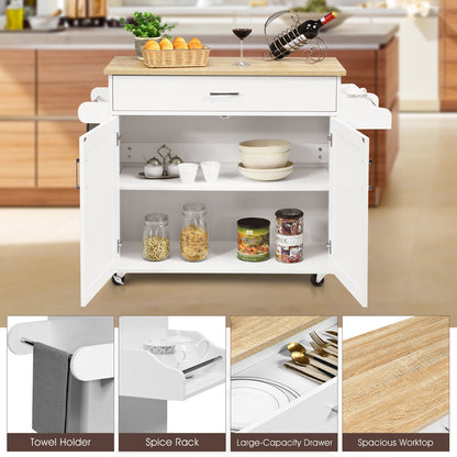 Mobile Kitchen Island Cart with Integrated Towel and Spice Racks in White
