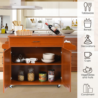 Mobile Kitchen Island Cart with Integrated Towel and Spice Racks in Cherry