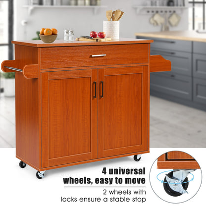 Mobile Kitchen Island Cart with Integrated Towel and Spice Racks in Cherry