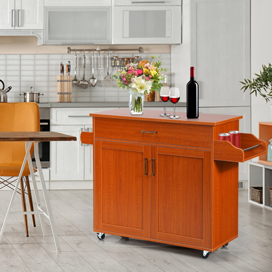 Mobile Kitchen Island Cart with Integrated Towel and Spice Racks in Cherry