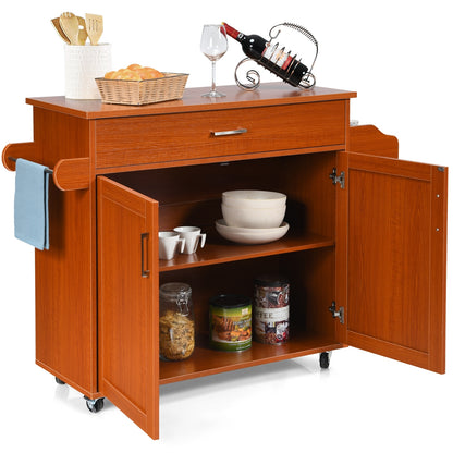 Mobile Kitchen Island Cart with Integrated Towel and Spice Racks in Cherry