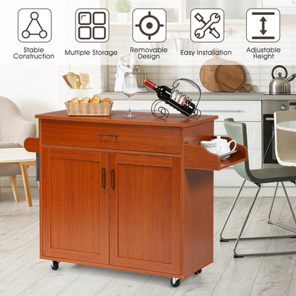 Mobile Kitchen Island Cart with Integrated Towel and Spice Racks in Cherry
