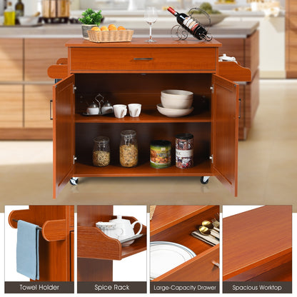 Mobile Kitchen Island Cart with Integrated Towel and Spice Racks in Cherry