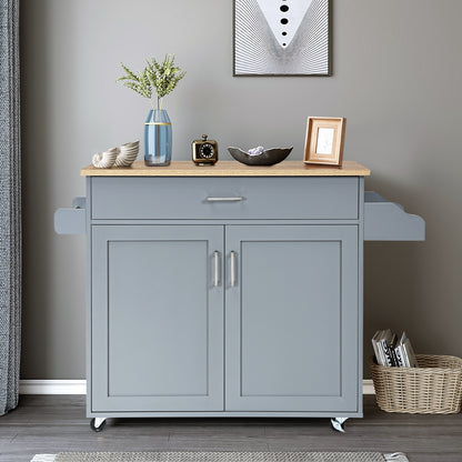 Mobile Kitchen Island Cart with Integrated Towel and Spice Racks in Grey