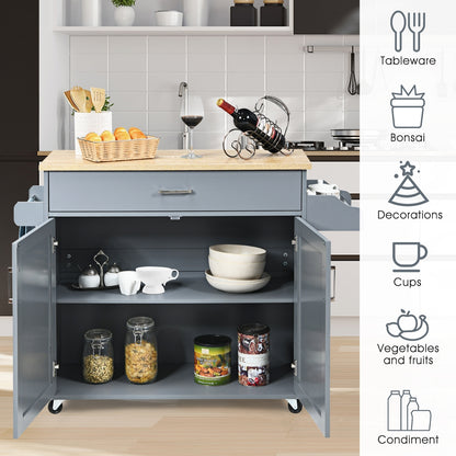 Mobile Kitchen Island Cart with Integrated Towel and Spice Racks in Grey