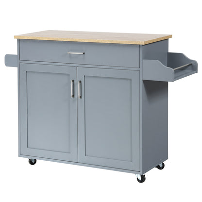 Mobile Kitchen Island Cart with Integrated Towel and Spice Racks in Grey