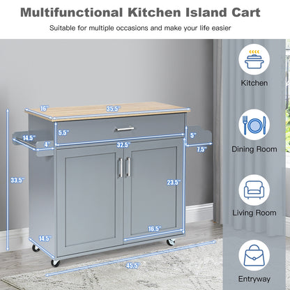 Mobile Kitchen Island Cart with Integrated Towel and Spice Racks in Grey