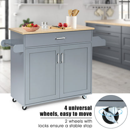 Mobile Kitchen Island Cart with Integrated Towel and Spice Racks in Grey