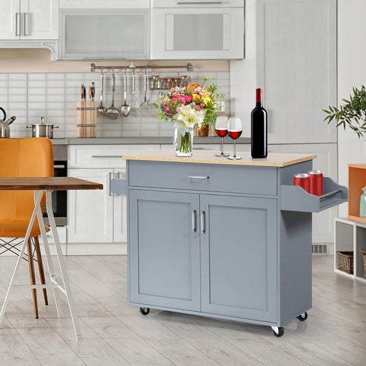 Mobile Kitchen Island Cart with Integrated Towel and Spice Racks in Grey