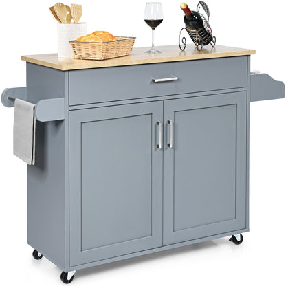 Mobile Kitchen Island Cart with Integrated Towel and Spice Racks in Grey