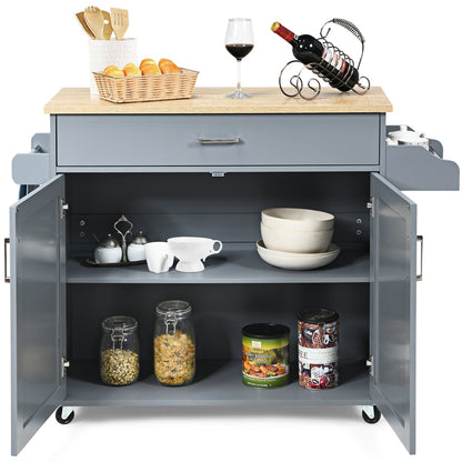 Mobile Kitchen Island Cart with Integrated Towel and Spice Racks in Grey