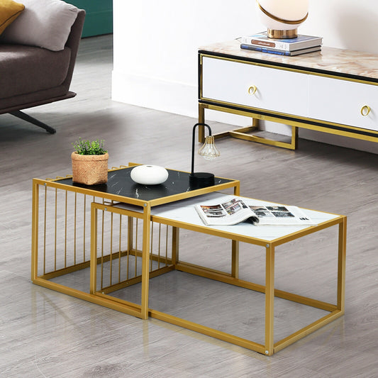 Modern Nesting Side Table Set of 2 with Faux Marble Top and Metal Frame