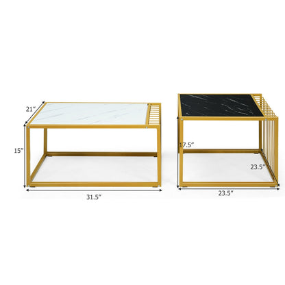 Modern Nesting Side Table Set of 2 with Faux Marble Top and Metal Frame
