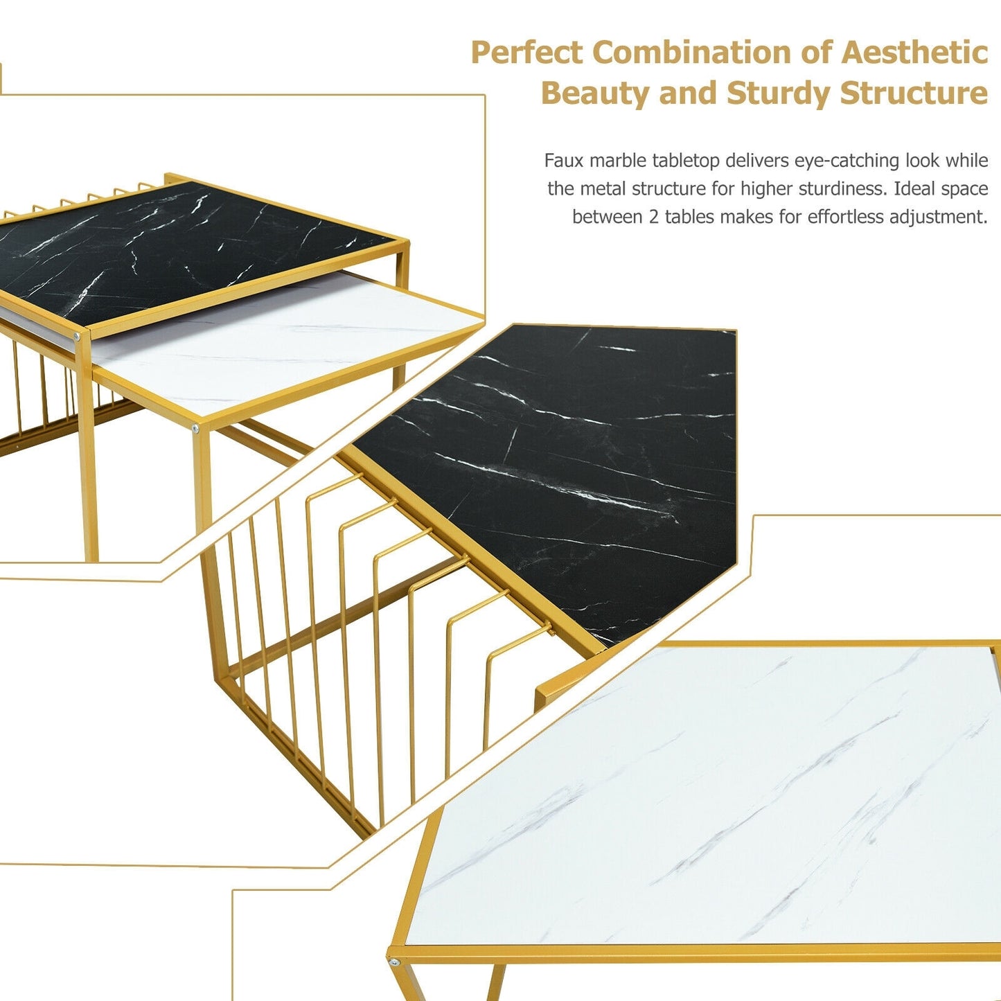 Modern Nesting Side Table Set of 2 with Faux Marble Top and Metal Frame