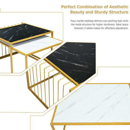 Modern Nesting Side Table Set of 2 with Faux Marble Top and Metal Frame