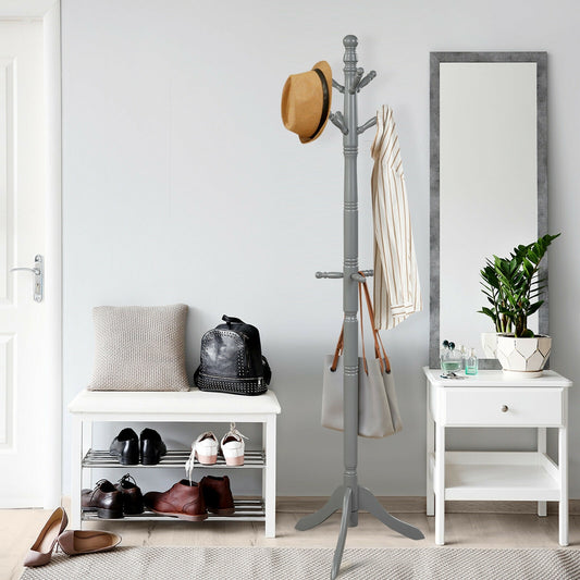 Adjustable Freestanding Wooden Coat Tree with 9 Hooks for Entryway or Bedroom - Grey