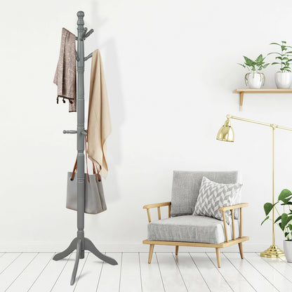 Adjustable Freestanding Wooden Coat Tree with 9 Hooks for Entryway or Bedroom - Grey