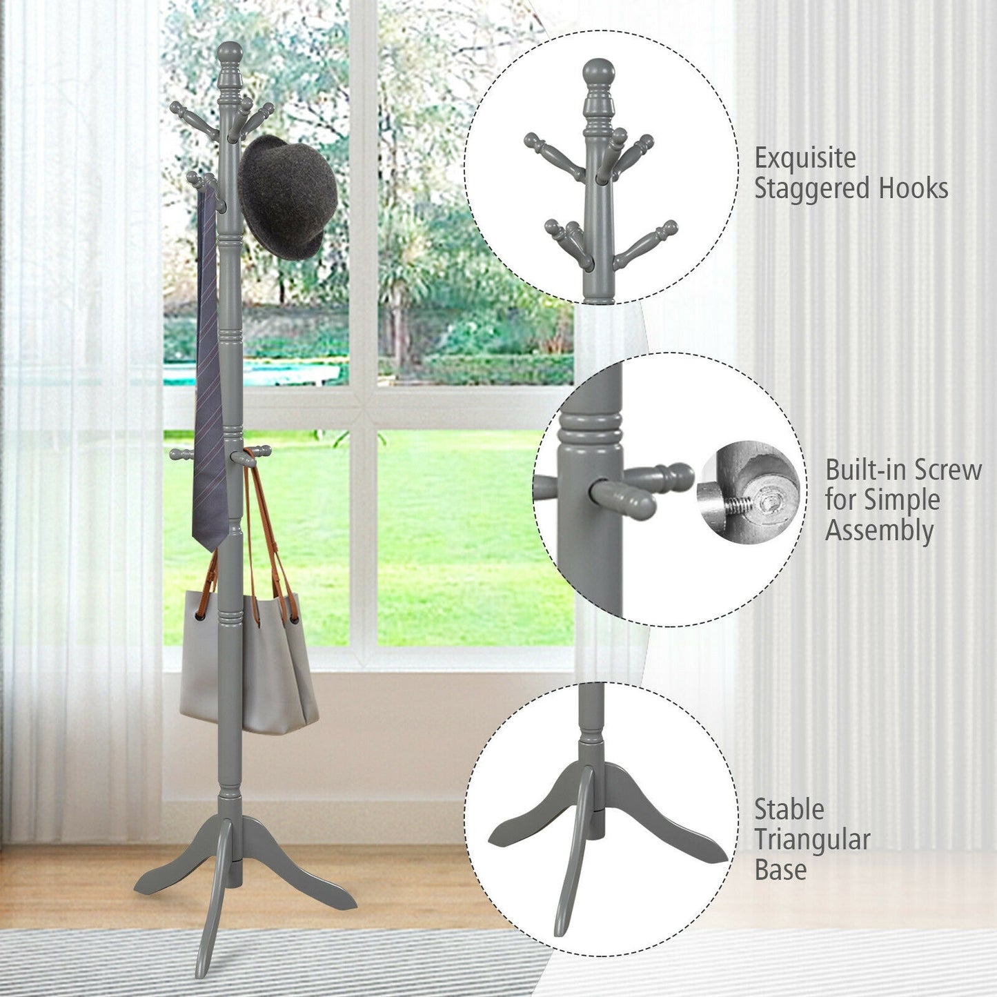 Adjustable Freestanding Wooden Coat Tree with 9 Hooks for Entryway or Bedroom - Grey