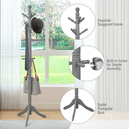 Adjustable Freestanding Wooden Coat Tree with 9 Hooks for Entryway or Bedroom - Grey