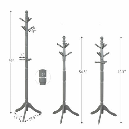 Adjustable Freestanding Wooden Coat Tree with 9 Hooks for Entryway or Bedroom - Grey