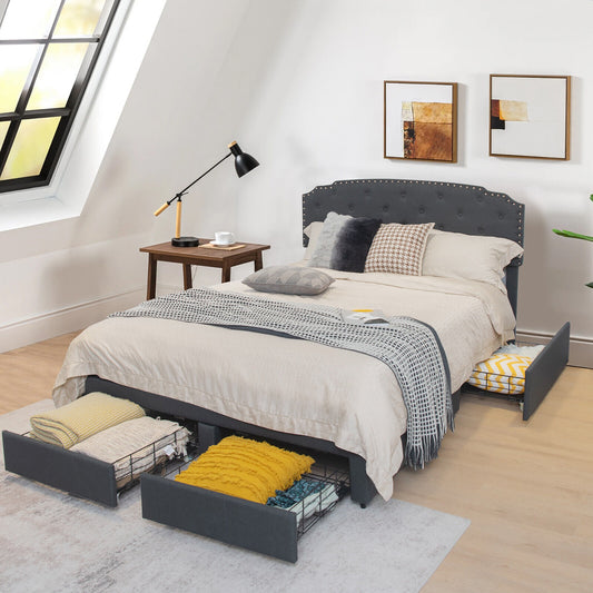Modern Platform Bed Frame with Adjustable Headboard and 4 Spacious Storage Drawers