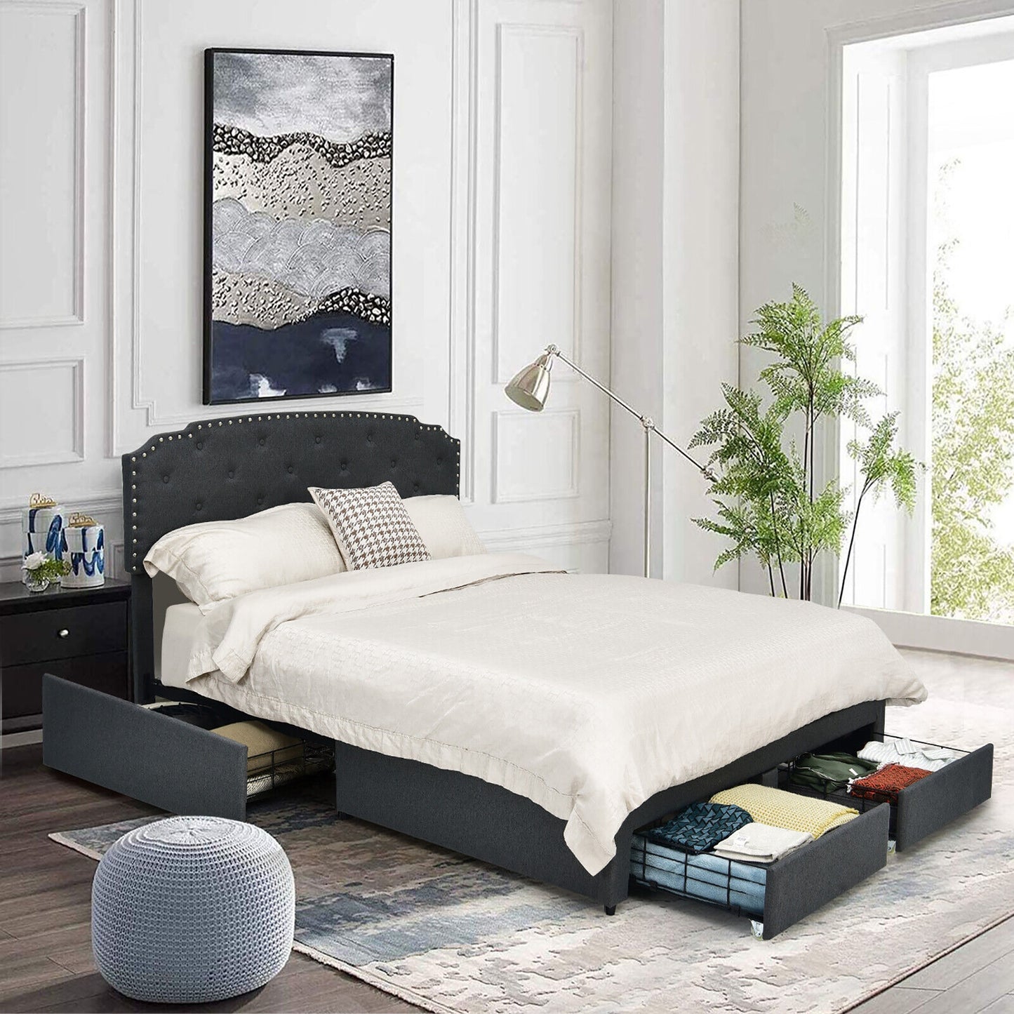 Modern Platform Bed Frame with Adjustable Headboard and 4 Spacious Storage Drawers