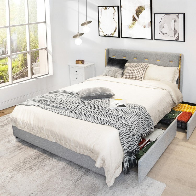 Upholstered Full/Queen Platform Bed Frame with High Adjustable Headboard and 4 Storage Drawers