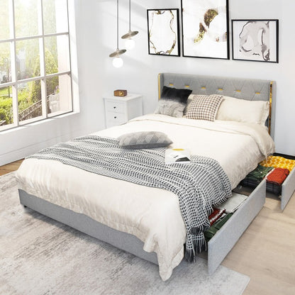 Upholstered Full/Queen Platform Bed Frame with High Adjustable Headboard and 4 Storage Drawers