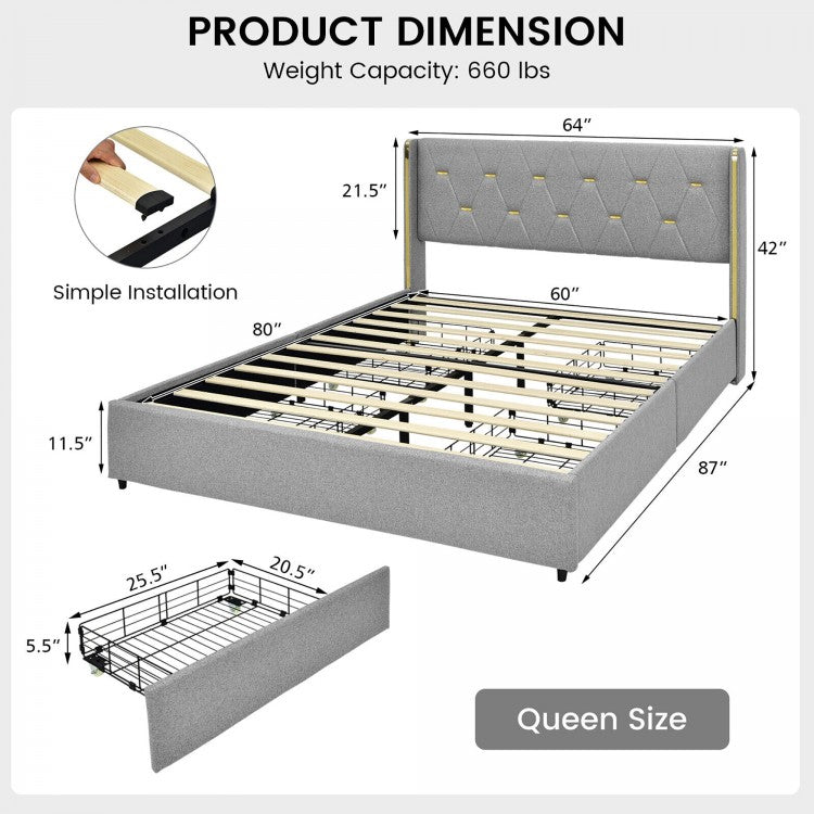 Upholstered Full/Queen Platform Bed Frame with High Adjustable Headboard and 4 Storage Drawers