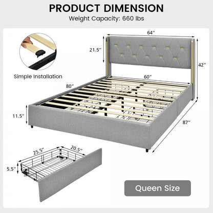 Upholstered Full/Queen Platform Bed Frame with High Adjustable Headboard and 4 Storage Drawers