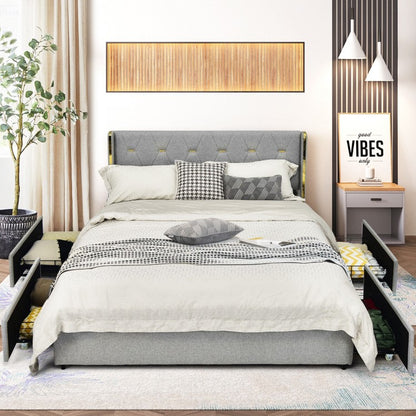 Upholstered Full/Queen Platform Bed Frame with High Adjustable Headboard and 4 Storage Drawers