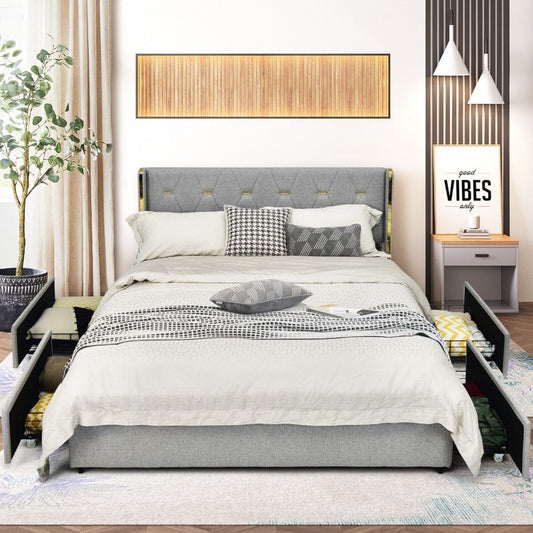 Upholstered Full/Queen Platform Bed Frame with High Adjustable Headboard and 4 Storage Drawers