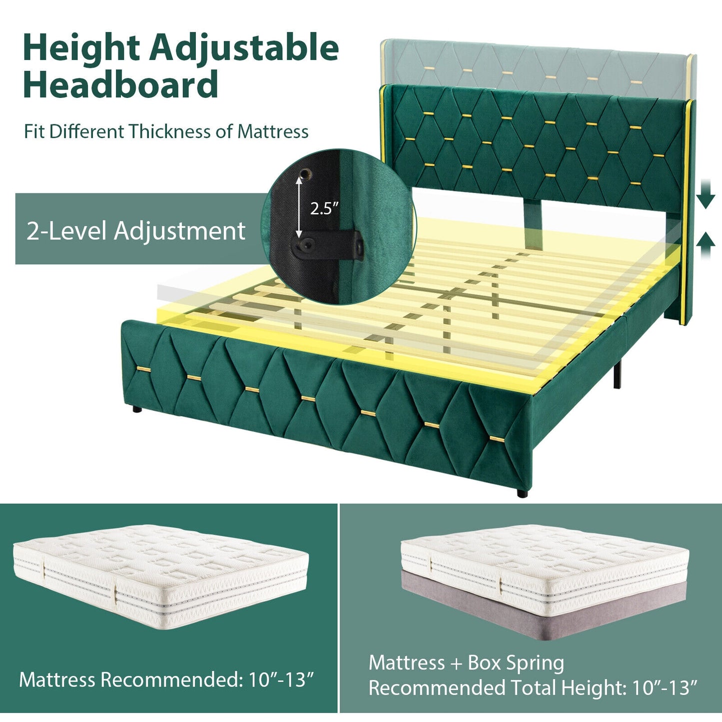 Upholstered Platform Bed Frame with Adjustable Headboard – Queen/Full Size