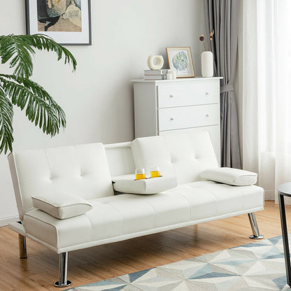 3-in-1 Convertible Leather Futon Sofa Bed with Cup Holders and Armrests – White
