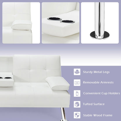 3-in-1 Convertible Leather Futon Sofa Bed with Cup Holders and Armrests – White