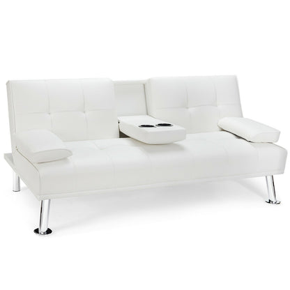 3-in-1 Convertible Leather Futon Sofa Bed with Cup Holders and Armrests – White