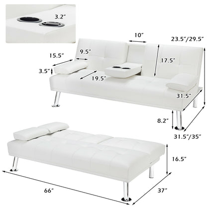 3-in-1 Convertible Leather Futon Sofa Bed with Cup Holders and Armrests – White