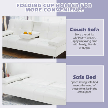 3-in-1 Convertible Leather Futon Sofa Bed with Cup Holders and Armrests – White